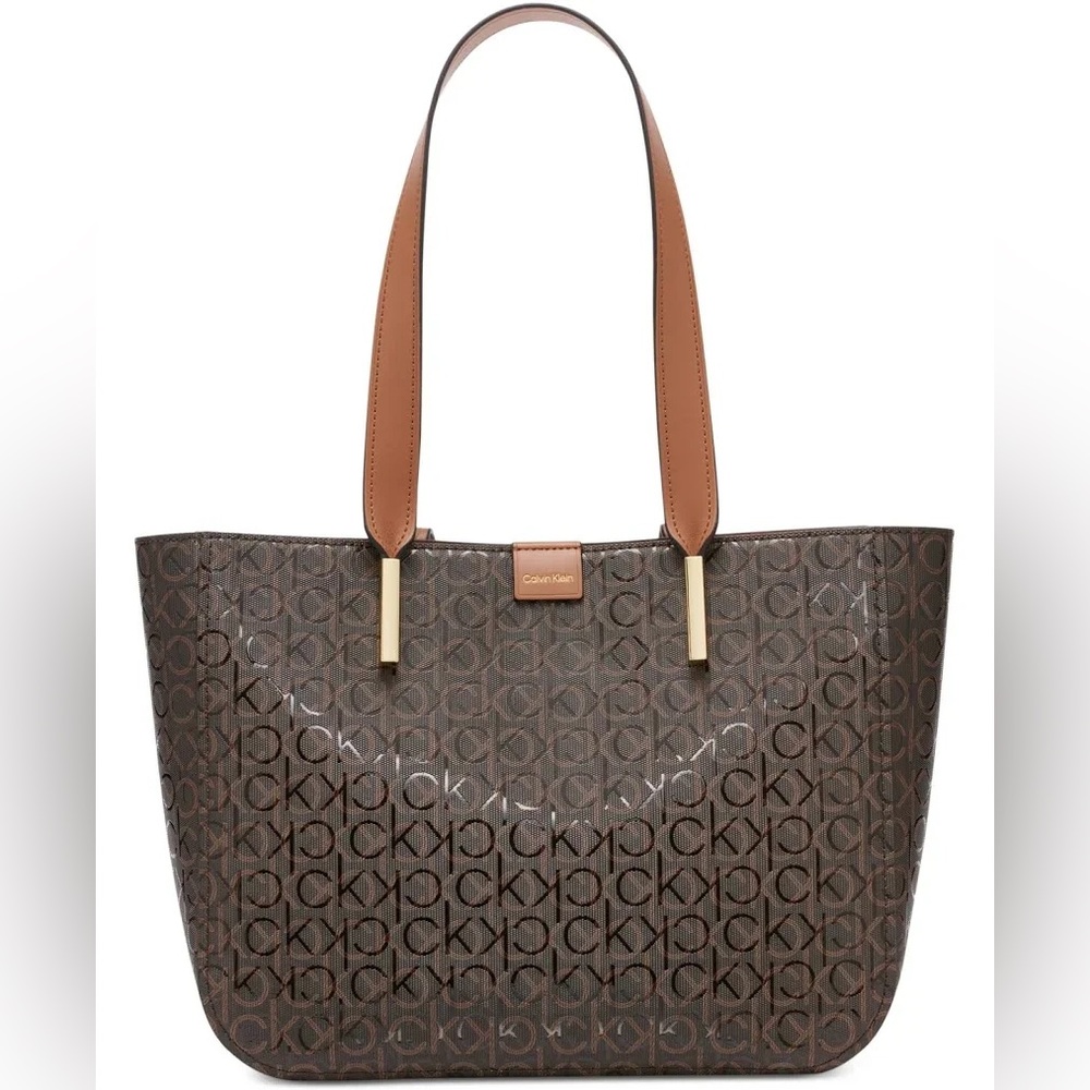 Calvin Klein Brown Monogram Tote with Tan Straps